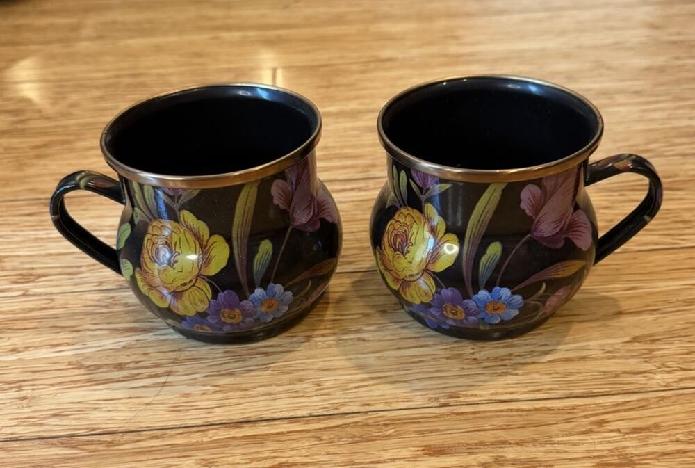 Mackenzie Childs Black Flower Market Large Coffee Tea Mugs Set Of 2 Tin